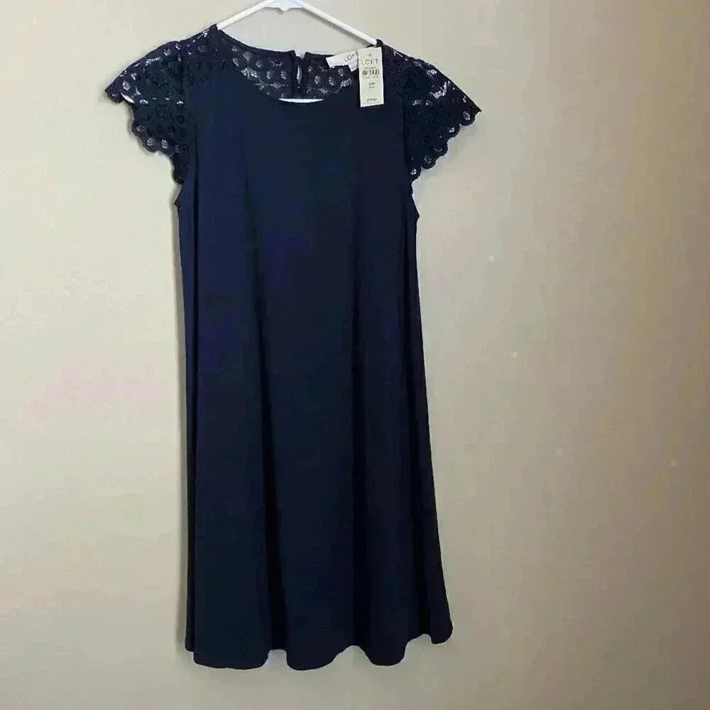 LOFT Navy Blue Lace Cap Sleeve Swing Dress XS Petite XSP NWT Work Office A Line